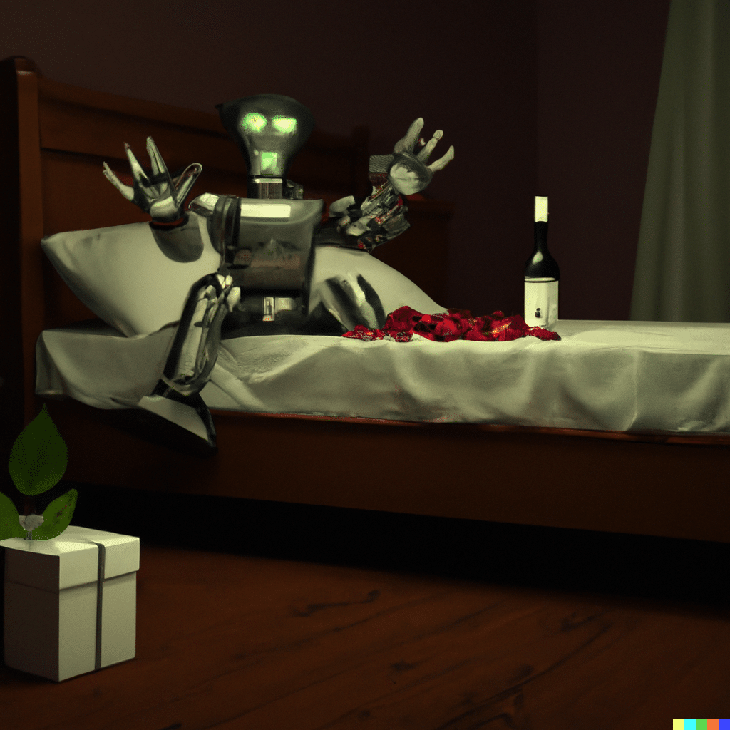 Bilde av en robot på en seng med vin og blomster. Hva vet en internett-robot om sex?