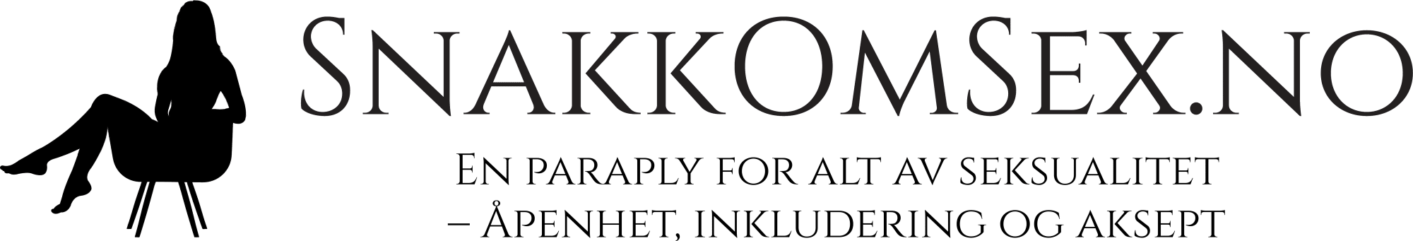 Sort hvitt transparent logo med slogan: Snakkomsex.no En paraply for alt av seksualitet - Åpenhet, inkludering og aksept