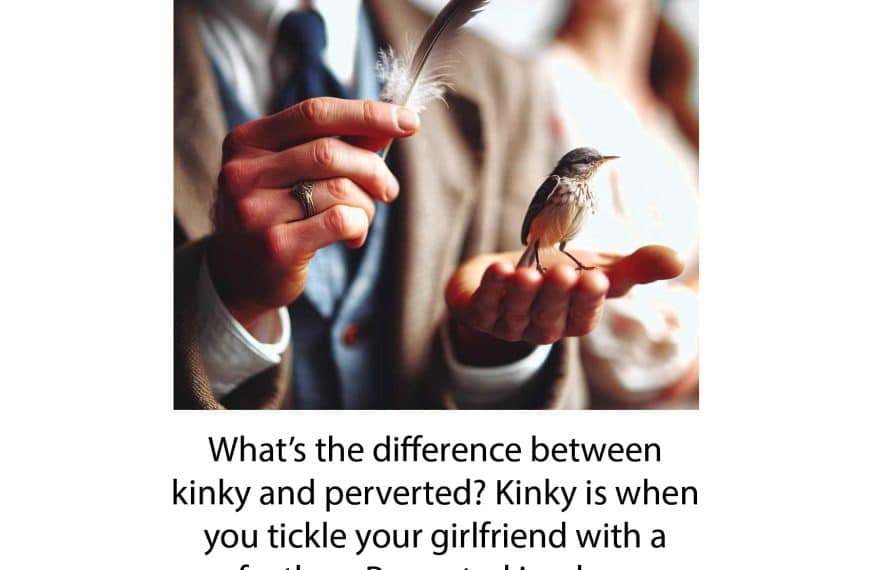 Bilde av mann med en fjær i ene hånden og en fugl i den andre. Tekst: What is the difference between being kinky and perverted? Being kink is tickling your girlfriend with a feather. Perverted is when you use the whole bird.