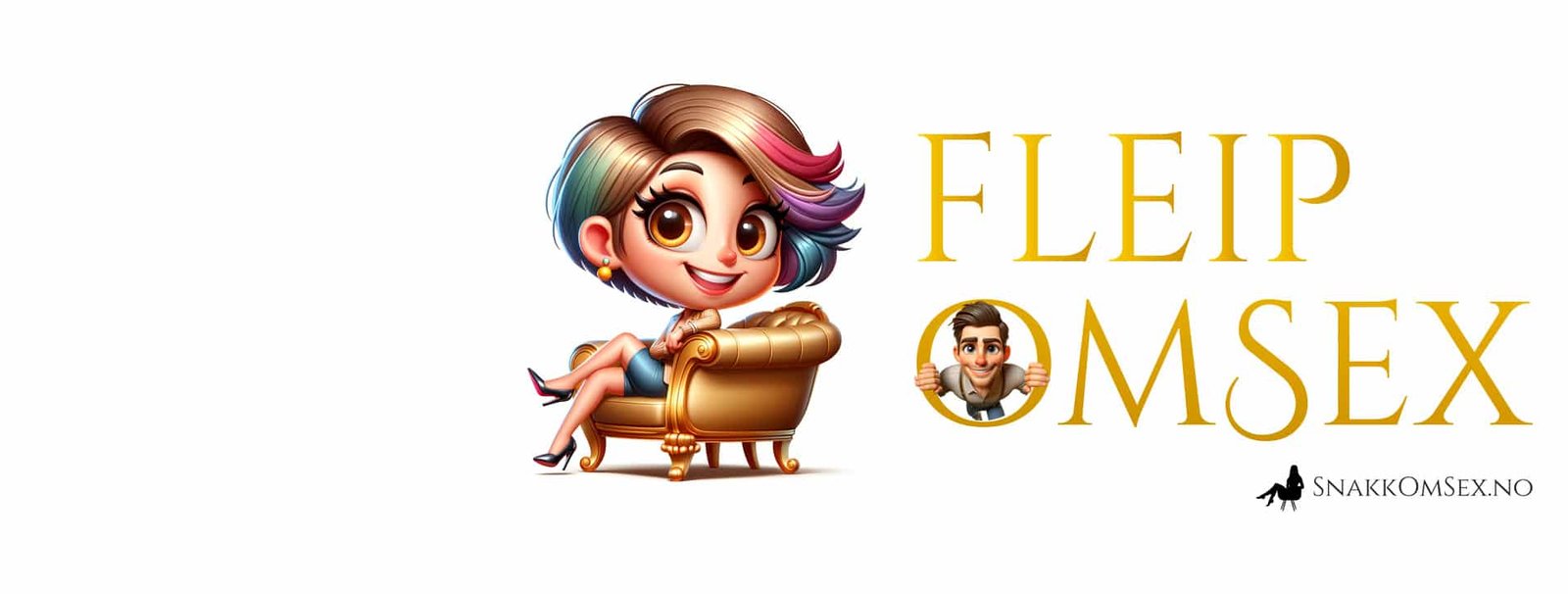Snakkomsex.no - fleipomsex logo. Animert dame sittende i gullstol, tekst i gull ved siden av: Fleipomsex