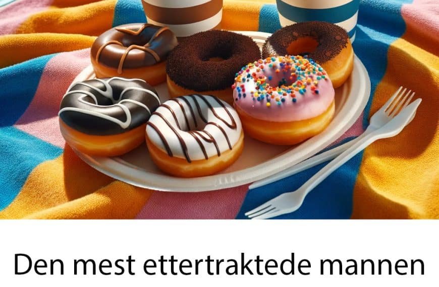 Den mest ettertraktede mannen på nudistcampen var Petter. Han kunne servere to kopper kaffe og et dusin smultringer på en gang. Bilde av smultringer og kaffe