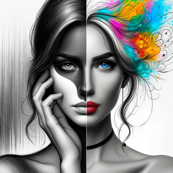 Bipolar seksualitet: Todelt bilde av et kvinneansikt. Ene delen er grå og trist, andre delen er fargerik.