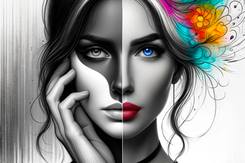Bipolar seksualitet: Todelt bilde av et kvinneansikt. Ene delen er grå og trist, andre delen er fargerik.