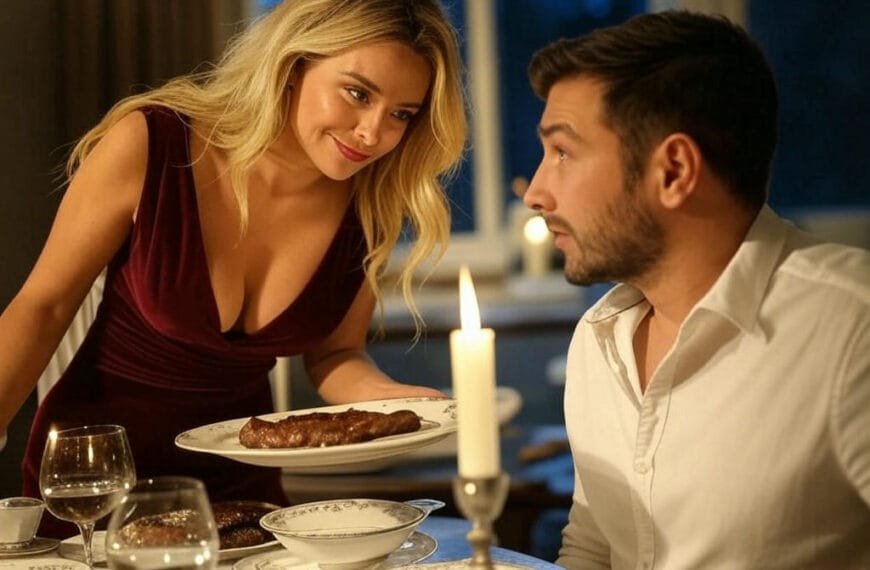 biff og blowjob dagen illustrert med en mann og dame ved middagsbordet. Damen serverer biff og ser på mannen med et lurt blikk