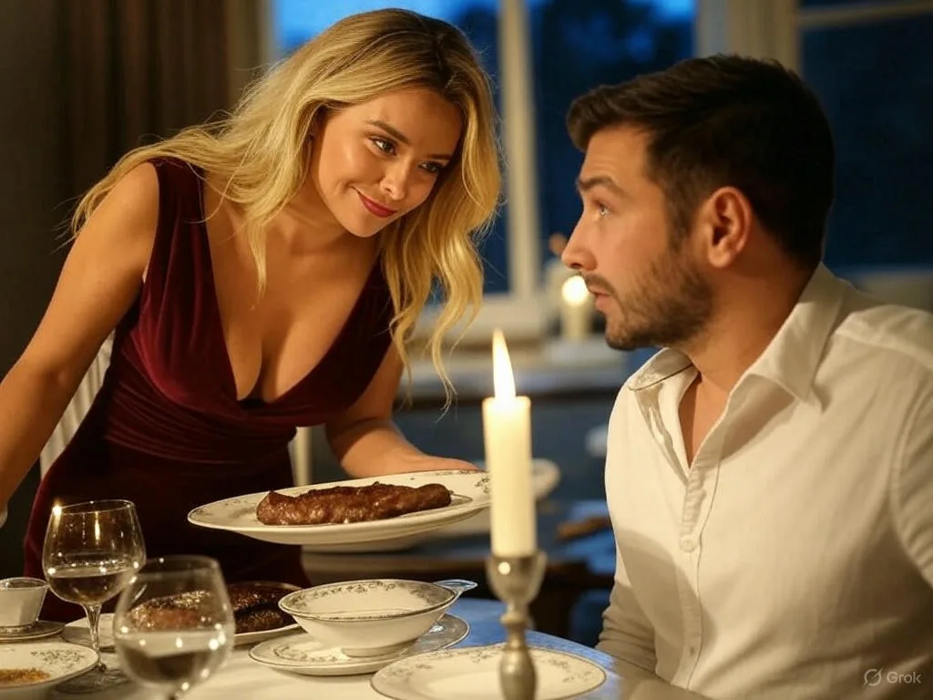 biff og blowjob dagen illustrert med en mann og dame ved middagsbordet. Damen serverer biff og ser på mannen med et lurt blikk
