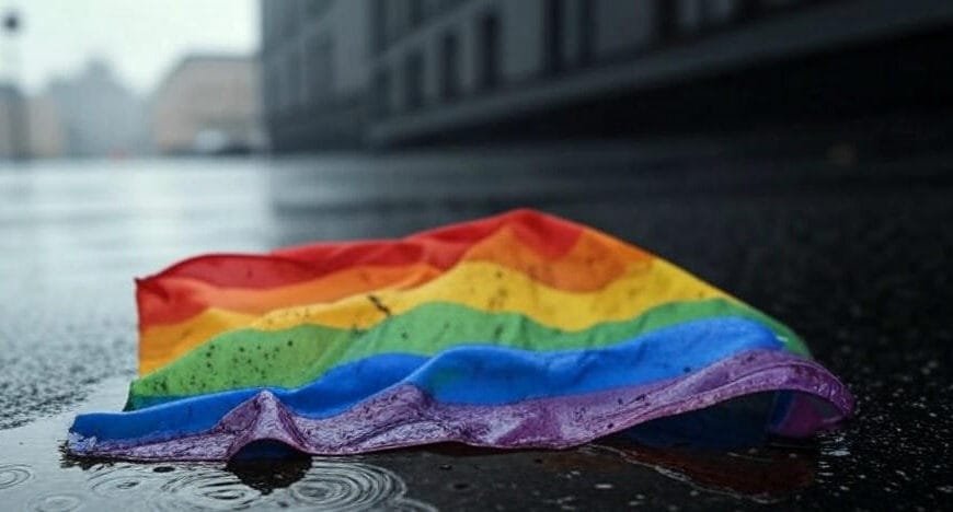 Regnbueflagg (prideflagg) ligger vått og krøllet i sølevann på bakken, sort våt asfalt