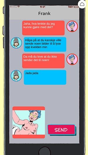 illustrasjon av en chat hvor en gutt ber om nakenbilder fra en jente