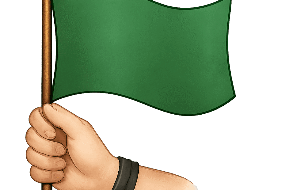 En tegnet arm som holder et grønt flagg. Rundt håndleddet er det et sort armbånd i lær, som symbol for en BDSM utøver.