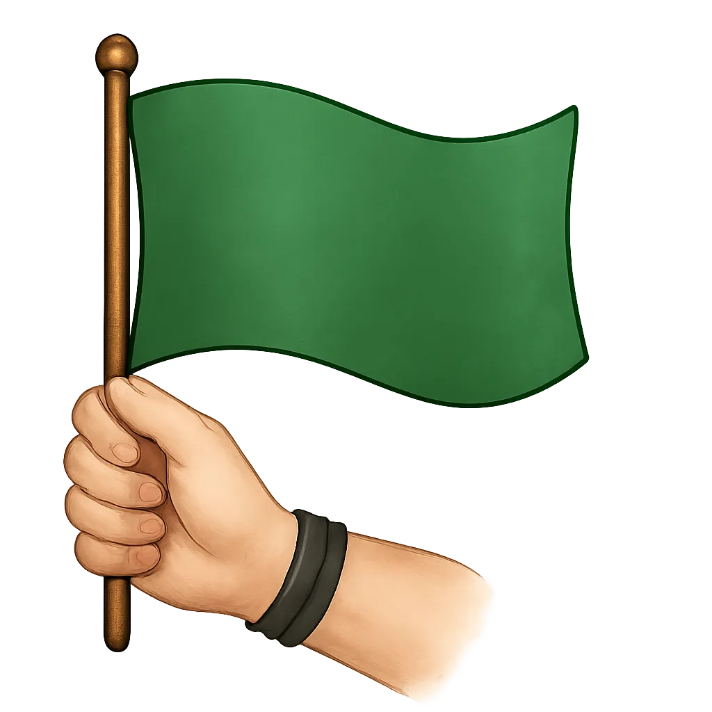 En tegnet arm som holder et grønt flagg. Rundt håndleddet er det et sort armbånd i lær, som symbol for en BDSM utøver.