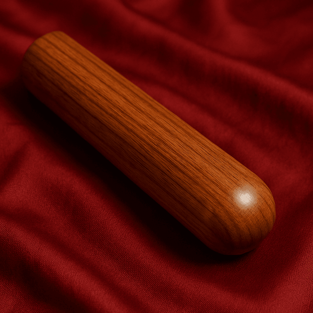 Dildo i tre-materiale liggende på en seng av rød fløyel. Sexleketøy av tre.