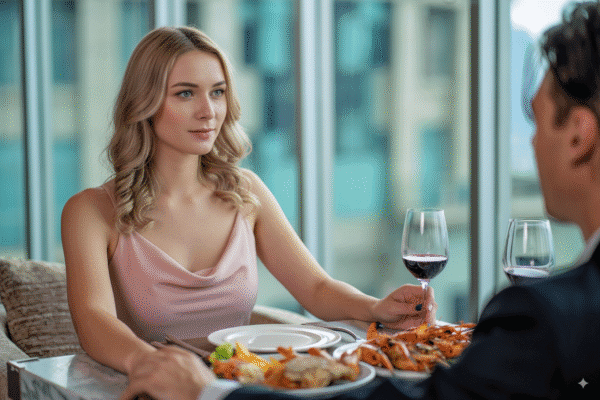 dame i rosa kjole på restaurant