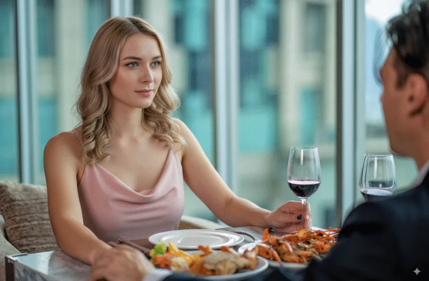 dame i rosa kjole på restaurant