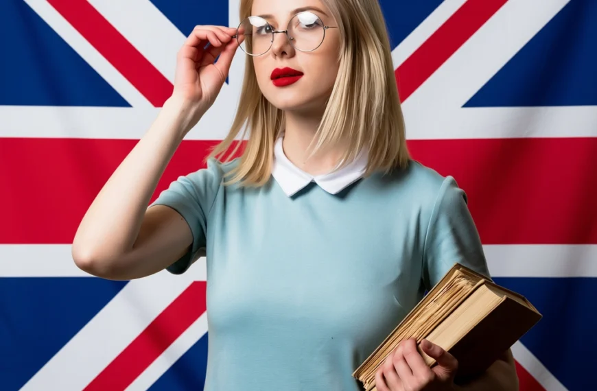 sexy sekretær lignende dame med bok foran et britisk flagg