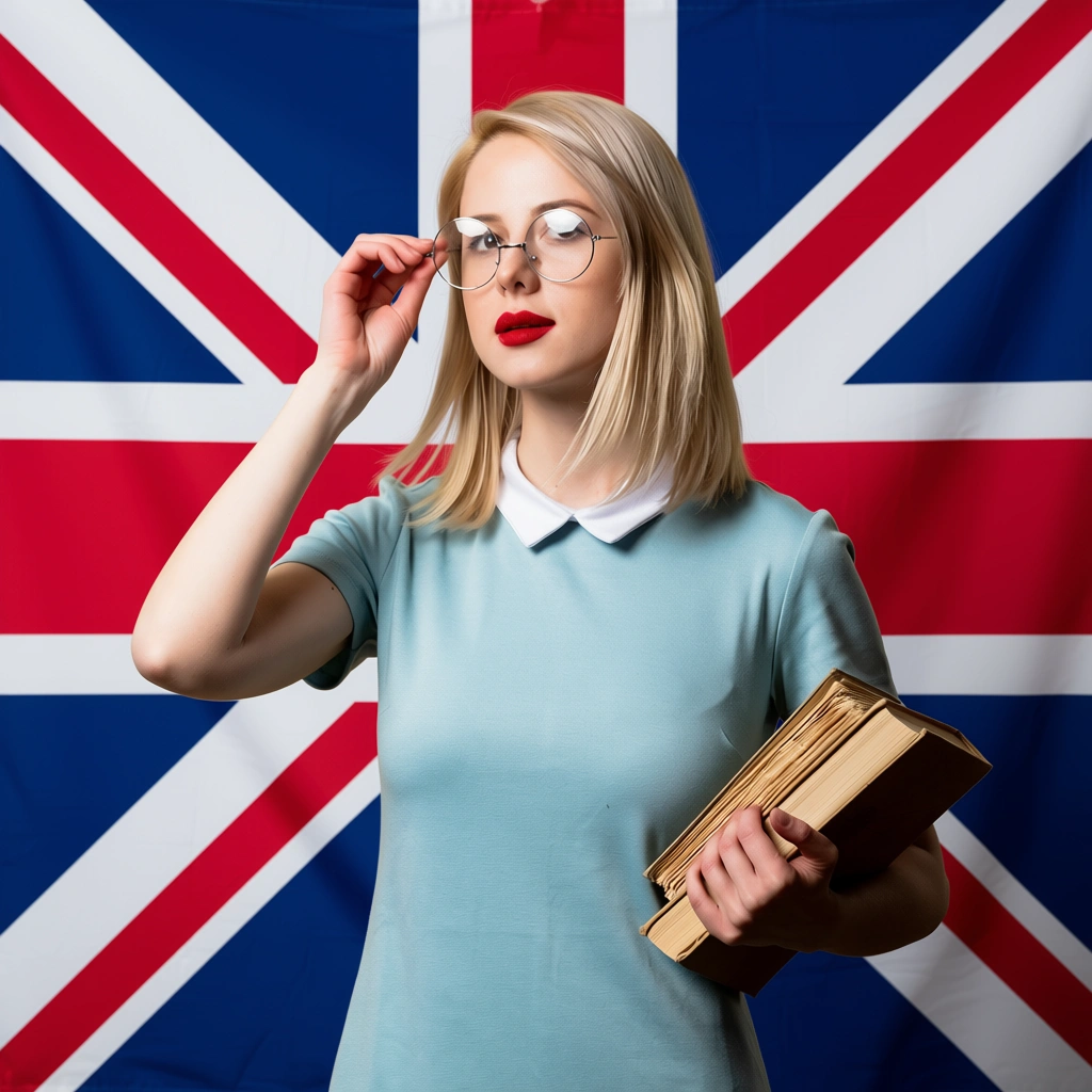 sexy sekretær lignende dame med bok foran et britisk flagg