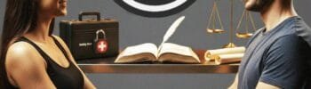 En mann og en dame holder hverandre i hendene og smiler. I bakgrunnen ser man bdsm emblemet, et førstehjelpsskrin, en vekt og en bok med kunnskap. Symboliserer sikkerhet sunnhet og samtykke i bdsm, SSS