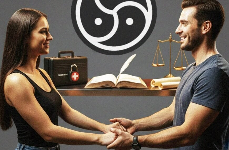 En mann og en dame holder hverandre i hendene og smiler. I bakgrunnen ser man bdsm emblemet, et førstehjelpsskrin, en vekt og en bok med kunnskap. Symboliserer sikkerhet sunnhet og samtykke i bdsm, SSS