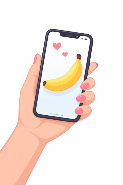Illustrasjon av dick pic: Damehånd som holder en mobiltelefon med en banan på skjermen