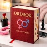 ordbok med sex uttrykk stående på et nattbord med rosa håndjern og en buttblugg i bakgrunnen