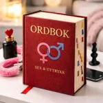 ordbok med sex uttrykk stående på et nattbord med rosa håndjern og en buttblugg i bakgrunnen