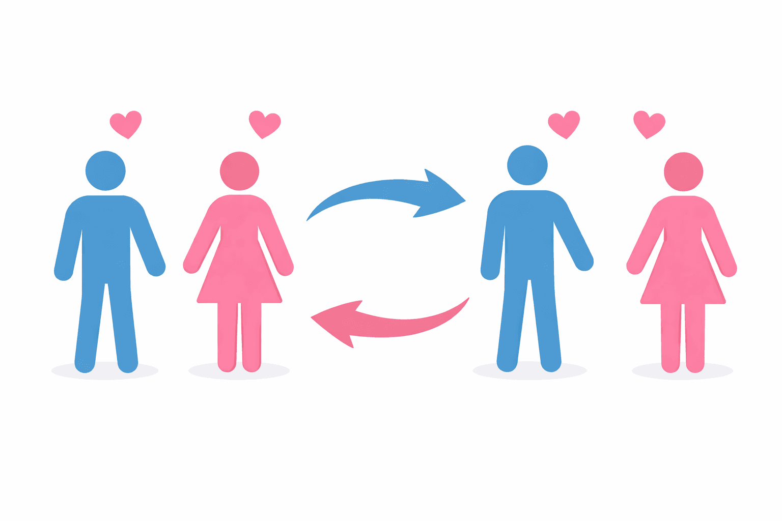 Partnerbytte illustrasjon: Blå og rosa figurer av menn og damer med piler mellom.