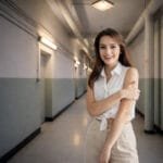 Søt ung dame i en gammel industriell kjellergang