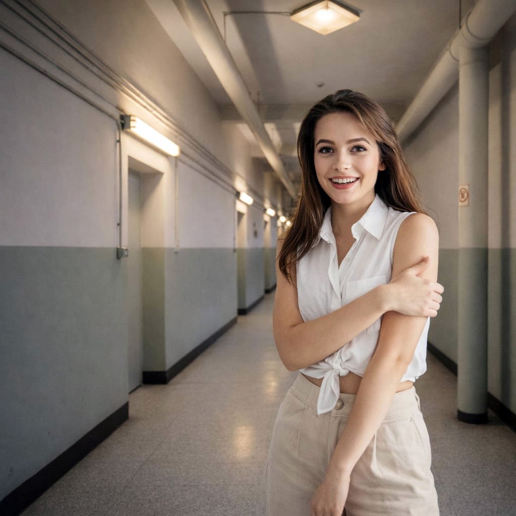 Søt ung dame i en gammel industriell kjellergang