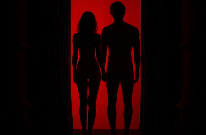 mann og dame på rød bakgrunn, nakne silhouetter, på vei inn i et darkroom