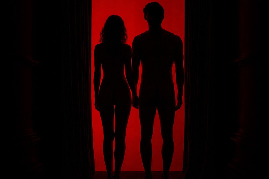 mann og dame på rød bakgrunn, nakne silhouetter, på vei inn i et darkroom