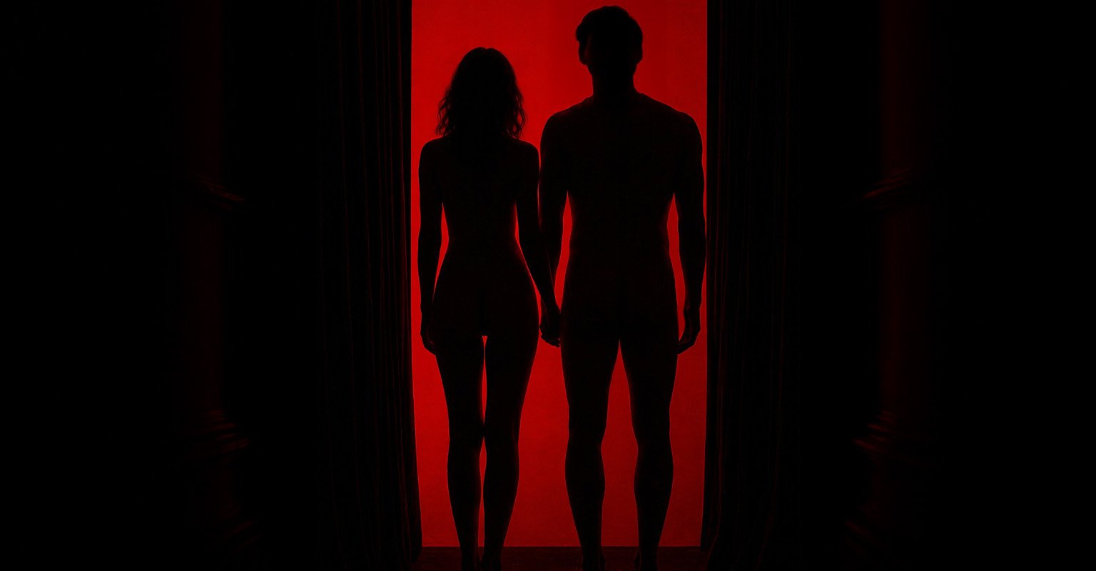 mann og dame på rød bakgrunn, nakne silhouetter, på vei inn i et darkroom