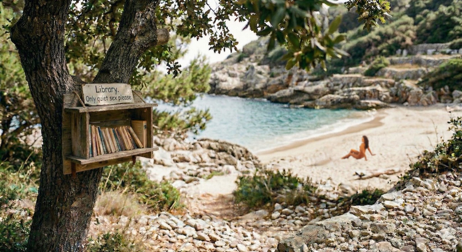 Naken kvinne på stranden, og bokhylle med tekstsen - library - only quiet sex please